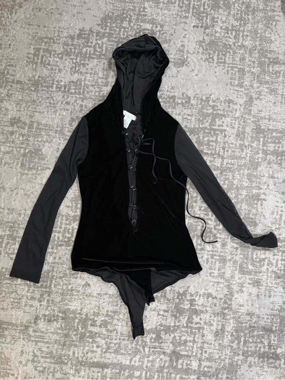 iHeartRaves Black Hooded Velour Velvet Lace Up Bodysuit Top Womens Large
